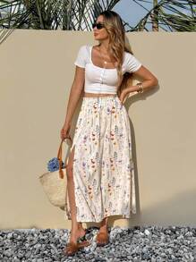 SHEIN Frenchy Women's Ditsy Floral Paper Bag Waist Elastic Casual Loose Summer Skirt White - White - View 6