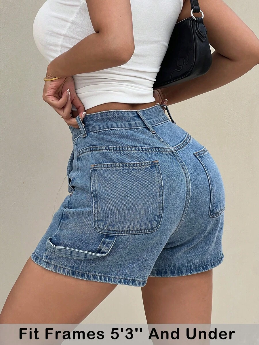 SHEIN PETITE Quần short denim trơn màu mùa hè thường ngày đa năng cho nữ - Rửa nhẹ - Xem 1