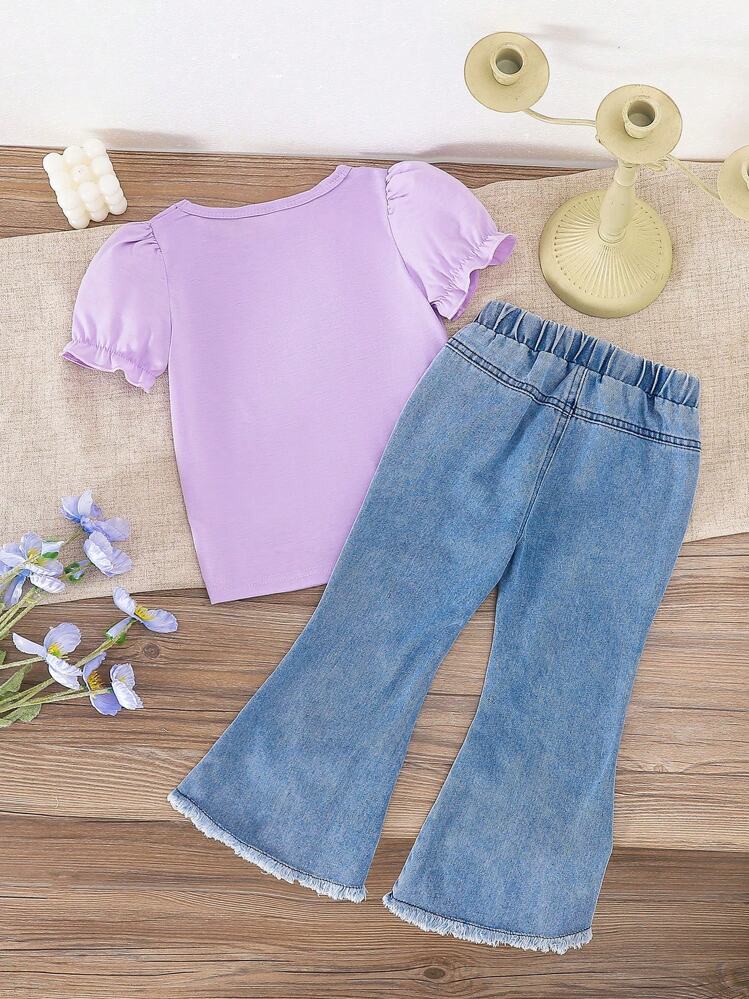 SHEIN Vintaside Kids 2pcs/Set Young Girls Round Neck Short Sleeve 3D Bow Lantern Sleeve T-Shirt + Elastic Waist Flare Leg Denim Blue Pants Cute Casual Fashion Matching Set, Summer New Arrivals Summer Holiday - Purple - View 2