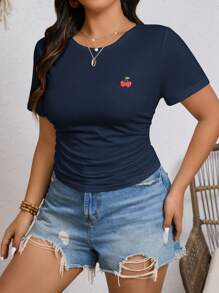 SHEIN Frenchy Plus Size Boho Women's Summer Cherry Embroidery Round Neck Short-Sleeved Ruched Side Casual T-Shirt, Fit, Back To School