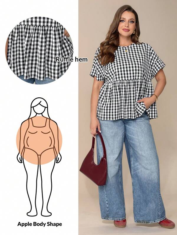 SHEIN Essnce Plus Size Ladies Spring And Summer Fashion Casual Loose Comfortable Daily Black And White Plaid Short Sleeve Cute Shirt,Women Blouse,Summer Outfits For Women,Brunch Outfits For Women,Minimalist,Cute Tops,Old Money Style Women,Vacation Outfits Woman