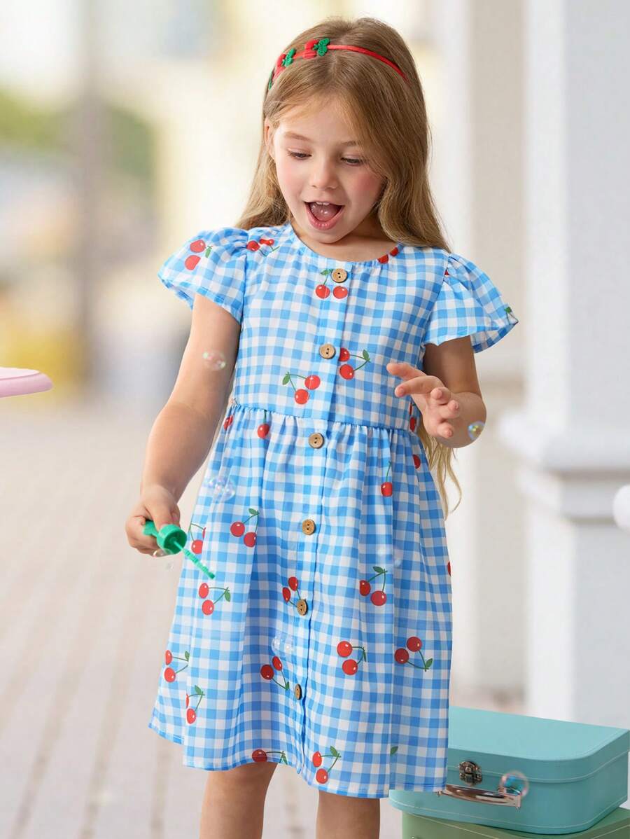 SHEIN 年轻女孩格纹樱桃图案盖袖休闲圆领迷你连衣裙，舒适简约 - 藍色 - 查看 1