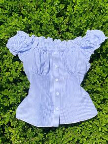 Comfortcana 女士休闲条纹泡泡袖单排扣衬衫，夏季 - 藍白色 - 查看 3