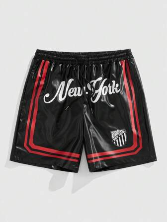 Prep Men's Elastic Waist Drawstring Loose Letter Casual Summer Shorts, Contrast Color