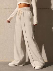 SHEIN EZwear Solid Drawstring Waist Wide Leg Sweatpants Graduation,Back To School Outfits,Graduation,Teacher Outfits For Women,Back To School
