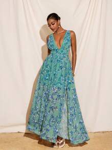 BRDY Váy Maxi Maxi Cổ Chữ V In Hoa Bằng Chiffon Buộc Sau Lưng Có Khe Cao Dành Cho Nữ Đi Nghỉ Hè - màu xanh lá - Xem 4