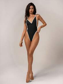 SHEIN Forever 21 Đồ bơi một mảnh đơn giản tối giản màu tương phản dành cho nữ - màu đen - Xem 3