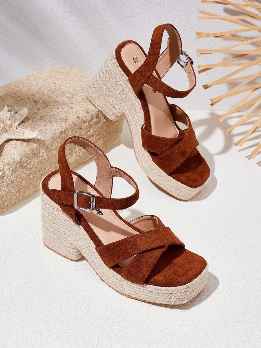 Styleloop Spring/Summer New Open Toe Platform High Heels With Wedge, Thick Espadrille Sole, One-Buckle Strap, Fashionable & Comfortable Roman Sandals For Women - Brown - View 1