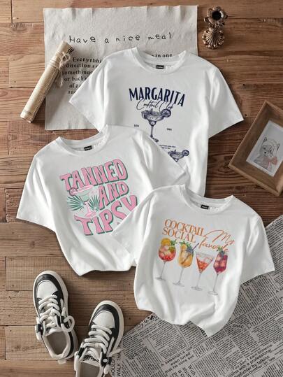 SHEIN EZwear 3 件装休闲简约鸡尾酒会图案圆领短袖短款上衣 T 恤女款，适合夏季，度假风格