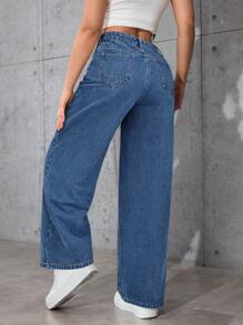 SHEIN PETITE 女式宽松口袋直筒休闲牛仔裤 - 藍色 - 查看 2