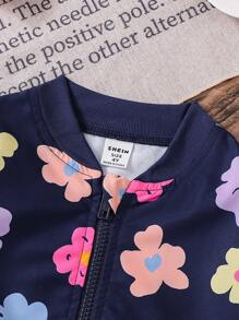 SHEIN Elladie kids Girls Fashion Color Block Letter Print Short Loose Stand Collar Zipper Motorcycle Baseball Jacket, Suitable For Autumn Young Girl Cardigan School Clothes Fall Winter