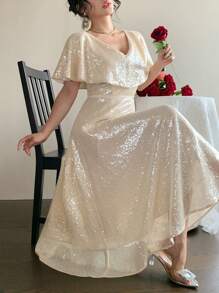 DAZY 女士中长款V领荷叶边袖亮片连衣裙，派对风格婚礼女士礼服，奢华舞会礼服，优雅女士连衣裙，新年女士服装，嘉年华闪亮连衣裙 - 杏色 - 查看 10