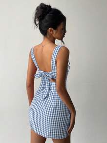 Aloruh Y2K Cute Young Girl Plaid Mini Strap Dress - Blue and White - View 7