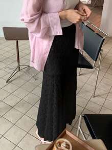 DAZY 女士松紧腰撞色蕾丝镂空长裙，春夏 - 黑色 - 查看 3