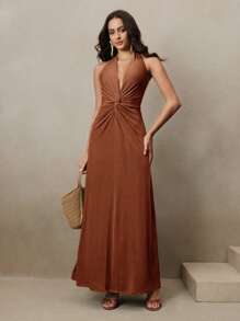 Anewsta Vestido mini sexy con cuello halter francés, cintura recortada con abertura, estilo de verano de alta gama