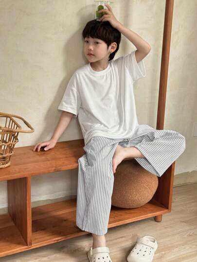 Dazy Kids Tween Boy Round Neck Short Sleeve T-Shirt + Woven Striped Pants Home Wear Set, For Spring And Summer, Back To School Clothes