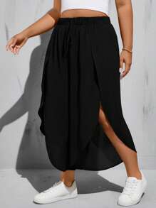 SHEIN Essnce Quần ống rộng thời trang xuân hè cho nữ cỡ lớn, rộng rãi và thoải mái hàng ngày, đa năng, mát mẻ, xẻ tà cao, cạp chun, quần ống rộng màu đen, quần lửng, quần nữ, quần rộng thùng thình, trang phục đi nghỉ, trang phục đi biển cho phụ nữ, quần ống cong - màu đen - Xem 6