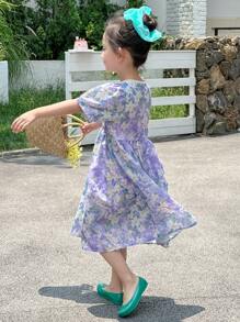 DAZY Young Girls Summer All-Over Floral Print Sweet Korean Style Dress - Mauve Purple - View 2