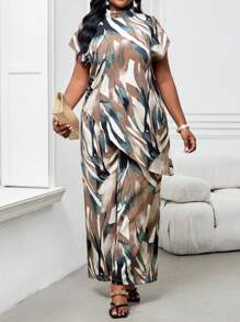 SHEIN Lady 春夏优雅通勤办公室休闲波西米亚风彩色编织立领不对称长短袖大码套装女士夏季服装度假服装女士度假服装女士波西米亚风女装度假两件套 - 彩色 - 查看 1