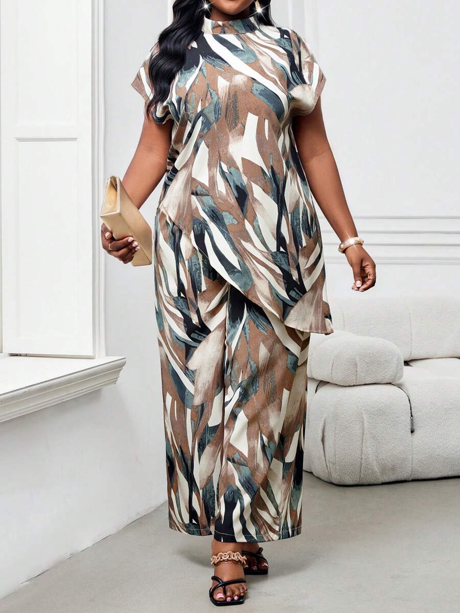 SHEIN Lady 春夏优雅通勤办公室休闲波西米亚风彩色编织立领不对称长短袖大码套装女士夏季服装度假服装女士度假服装女士波西米亚风女装度假两件套 - 彩色 - 查看 1