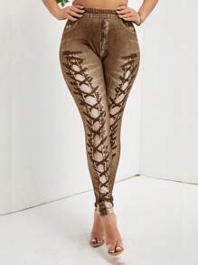 SHEIN Lady Leggings casuales con cordones y patrón de ojales para mujer - Marrón - Ver 8