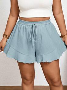 Elaquor Pantaloni scurți de culoare uni, mărime plus, cu volane franceze la tiv - Multicolor - Vizualizare 7