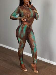 Slaydiva Conjunto de 2 piezas de top de malla de cuello halter de manga larga y pantalones de malla (con forro interior) con estampado de leopardo, nuevo para primavera y verano de 2025, estilo occidental nómada apropiado para fiestas de cumpleaños, graduaciones, uso diario y clubes, viral. - Marrón - Ver 6