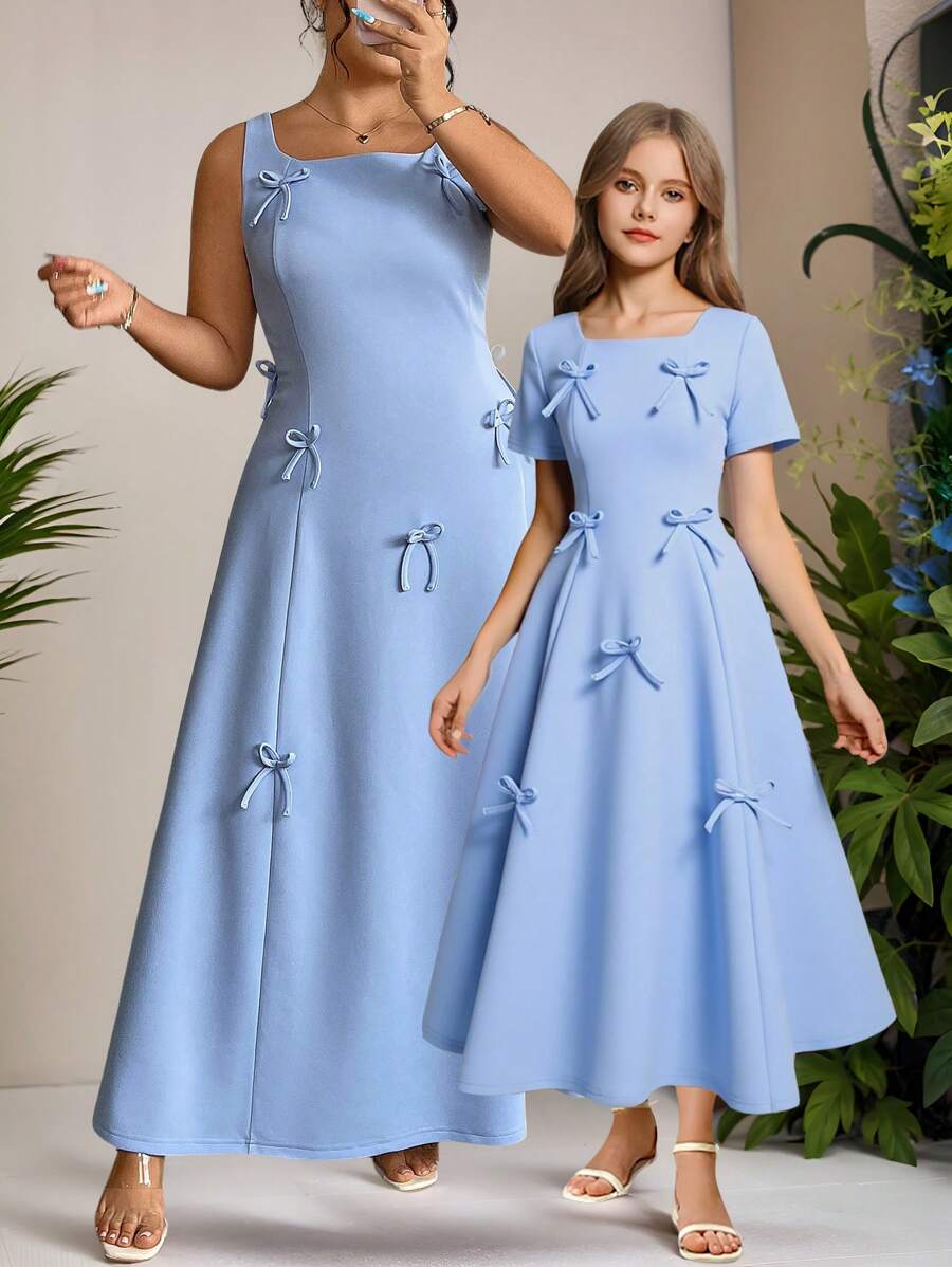 SHEIN Girls Blue Minimalist Solid Color Bow Decor Fitted Long Dress - Blue - View 1