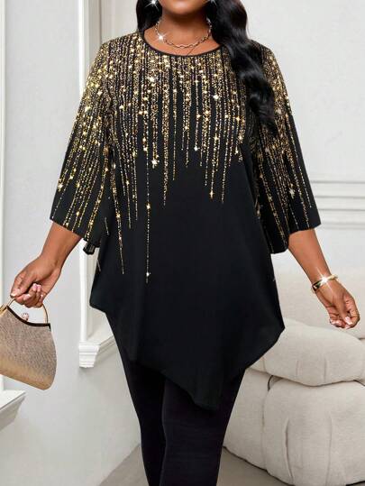 SHEIN Lady Blusa suelta y elegante de cuello redondo y manga 3/4 de color sólido metálico para mujer de talla grande. Ideal para inviernos, San Valentín, Año Nuevo, fiestas, vacaciones de resort, salidas, negocios casuales, vacaciones, estilo bohemio, veranos, vestidos de verano, bodas, cumpleaños, estampado de guepardo, 4 de julio