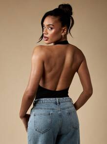 MISSGUIDED Body de cuello en V pronunciado con escote halter, sin espalda, para ocasiones de noche, cóctel, fiesta, club, festival, de diseño de alta moda y ajuste ceñido