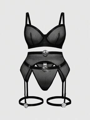 Grunge Punk 3-Piece Plus Size Dark Web Star Underwire Bra, G-String Thong And Garter Belt Sexy Lingerie Set