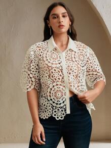 Anewsta Elegant Hollow Design Short Sleeve Blouse