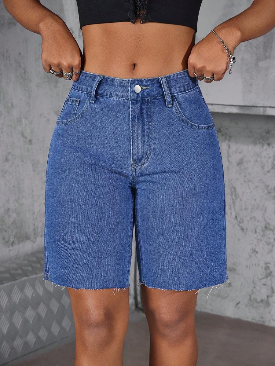 SHEIN ICON 女士夏季休闲水洗牛仔短裤 - 中等水洗藍 - 查看 1