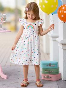 SHEIN 年轻女孩简约彩虹图案圆领无袖休闲舒适连衣裙 - 白色 - 查看 3