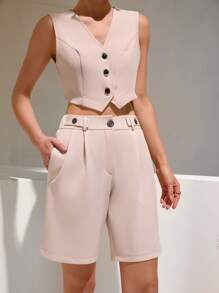 CLARA VERO Bermudas plisadas informales color beige natural para mujer