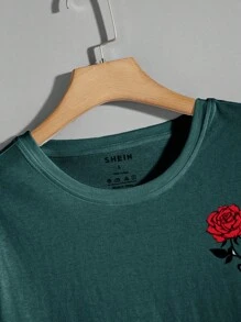 SHEIN Cottnline Men's Solid Color Rose Print Short Sleeve Crew Neck T-Shirt, Minimalist & Fashionable - Dark Green - View 4