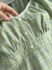 Comfortcana 加大码绿色格子短袖衬衫，适合夜店、海滩度假等场合，绿色格子方领夏季衬衫 - 綠色 - 查看 4