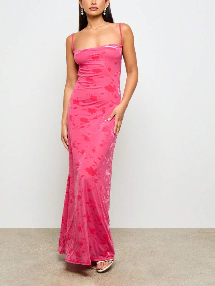 AiiRZ Velvet Devore Spaghetti Strap Maxi Dress Spring Summer Holiday Long Floral Pink Wedding Guest Party Prom