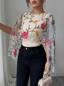 Elenzga Blusa feminina de verão com manga curta e fenda aberta bordada em malha, tecido trançado, versátil, caimento solto, estilo elegante - Multicolorido - Ver 3