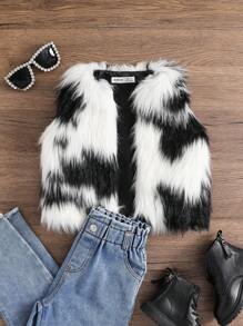 SHEIN Young Girl Furry Gradient Cow Print Color Block Open Front Fuzzy Coat Sleeveless Vest,In Fall/Winter - Black and White - View 5