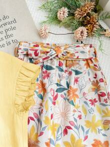 LMoss Kids 2 Stücke Baby Mädchen Set aus gewebtem einfarbiges gerüschtem Top und lässiger Hose mit kleinen Blumen Muster