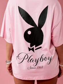 Missguided x Playboy 超大图案个性 T 恤经典街头风上衣短袖棉质夏季节日休闲家居服日常时尚 - 粉色 - 查看 5
