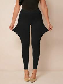 SHEIN PETITE CURVE 女士加大纯色弹力腰休闲高弹力紧身裤黑色蕾丝紧身裤乡村音乐会，适合身材较矮的人 - 黑色 - 查看 4