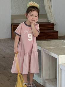 Dazy Kids Young Girls Round Neck Summer Casual Street Print Short Sleeve Mid-Length Dress - Pink - View 5