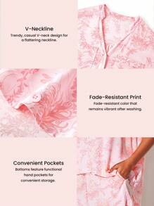 Conjunto de pijama informal de pantalón corto y blusa de manga corta con botones y estampado floral en tela de rayón suave, ideal para vacaciones. Conjunto de ropa interior tipo bóxer para novia, perfecto para primavera y verano. - Rosa - Ver 3