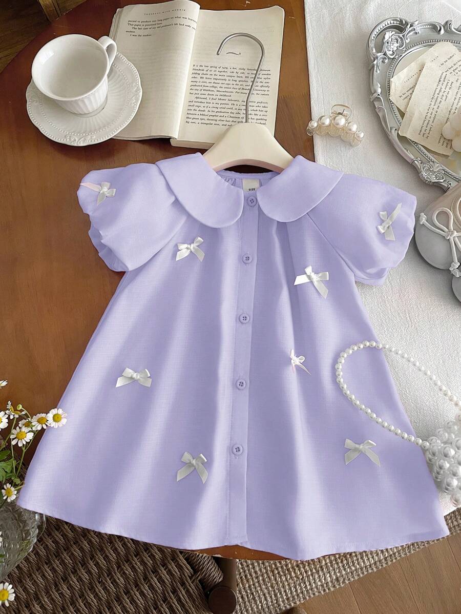 SHEIN Babykleid Sommerstil süß mit rosa Peter Pan Kragen Schleife Kurzarm