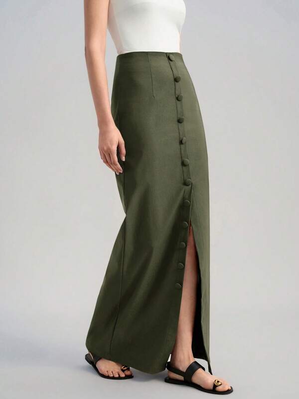 Ontre Sage Green Minimalist Elegant Casual Commuter Front Button Super Slit Skirt, Urban Commute Business Casual Women's Clothing, Women's Office Attire, Women's Teacher Outfit