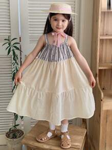 DAZY Young GirlSpaghetti Strap Striped Casual Mid-Length Dress, Summer - Light Grey - View 5