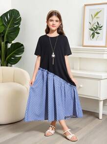 SHEIN Leap Crew Tween Girl Casual Holiday Color Blocking Round Neck Cap Sleeve Dress, Ramadan Dress - Black - View 5