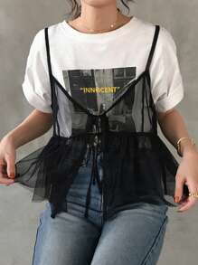 FRIFUL Top de tirantes transparente con ajuste ceñido y cordones, con pliegues y volantes en el dobladillo para el verano - Negro - Ver 4